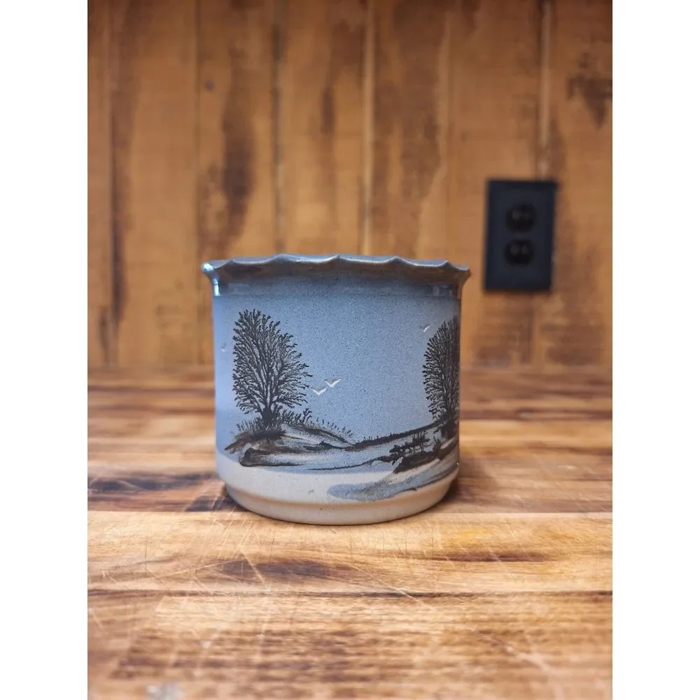 Wonderful‎ hand-made studio pottery brush pot / vase grey tones trees & birds
